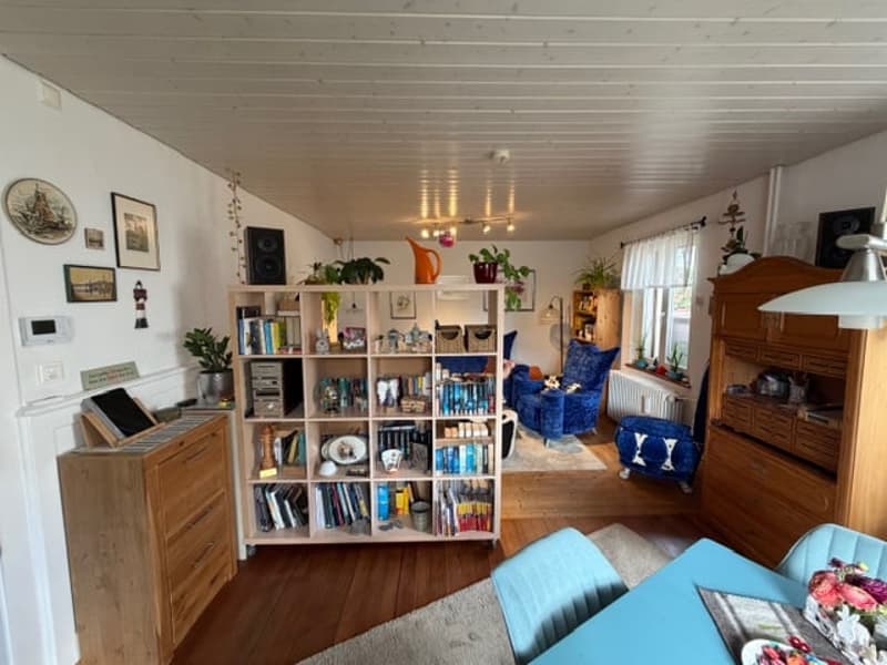 living room with wooden floor, white walls, wooden furniture, bookshelf, blue chairs, table, plants, radiator, window with curtains