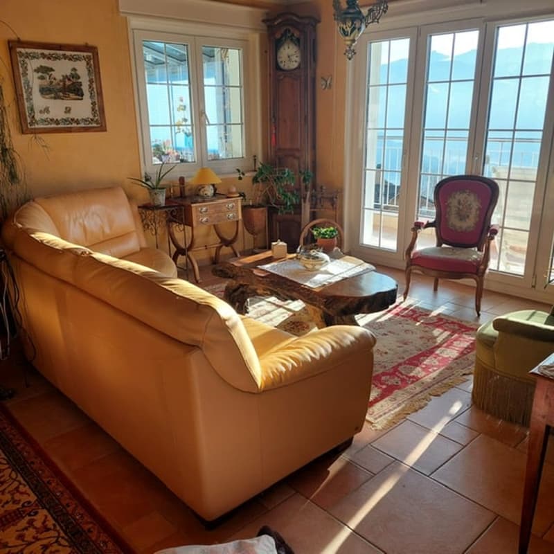 yellow sofa, coffee table, red chair, wooden clock, tile floor, plants, carpet, double windows