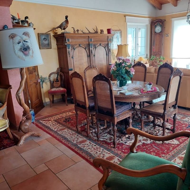 large dining table, wooden chairs, floral vase, carpet, wooden cabinet, fireplace, wall decorations, chandelier