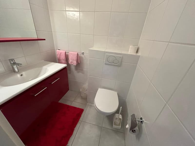 White tiled walls, red bathroom mat, white sink vanity, toilet, and towel rack