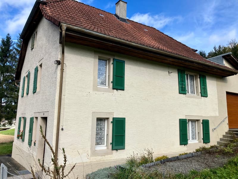 2 story house, white walls, red roof, green shutters, chimney, garden, stairs
