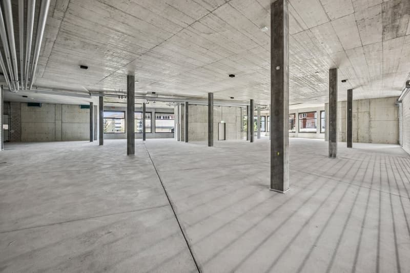 Large open space with concrete floor, ceiling, and columns. The space appears to be a commercial or industrial building, possibly an office or warehouse. The windows along the walls suggest natural light and views of the surrounding area.