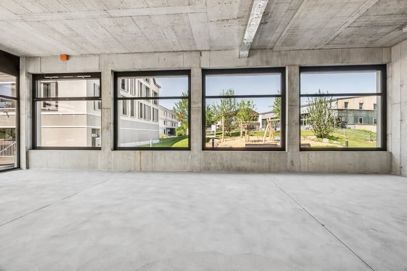 Large open space with concrete floor and ceiling, black framed windows overlooking a landscaped outdoor area with trees and a playground structure