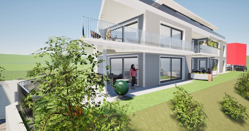 2 story modern house, white walls, glass doors and windows, 2 balconies, artificial lawn