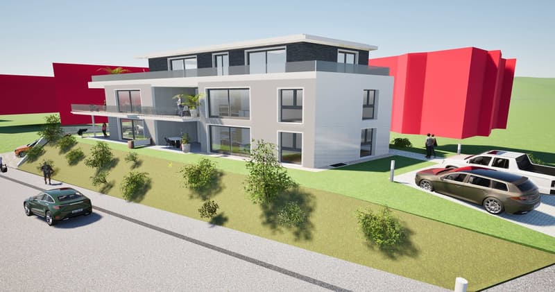 A contemporary house with three stories, featuring a raised ground floor, multiple balconies, a modern exterior with a glass and brick facade, a red box-like structure adjacent to it, several cars parked in the parking space in front, and a walkway leadin