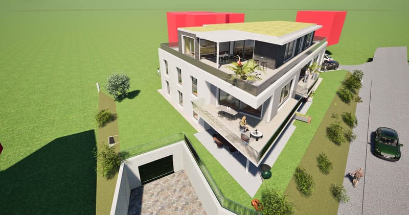 Two-story house with raised ground floor, balcony, and terrace