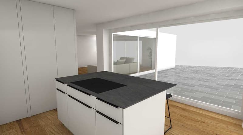 Central kitchen with island, windows, wooden floor, white walls