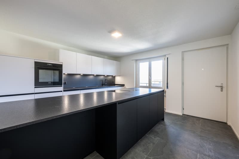 modern kitchen with island, white cabinets, black countertops, built-in oven, sink, faucet, windows