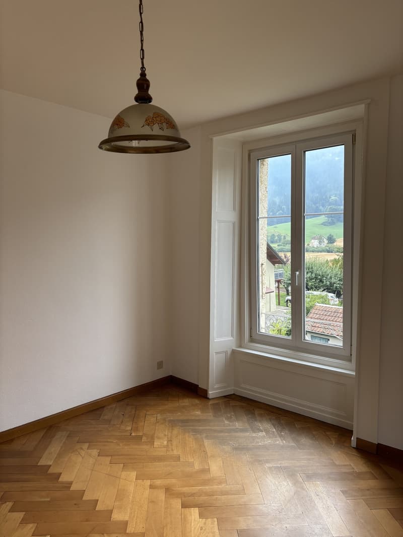 Hardwood floor, white walls, ceiling light fixture, glass window, exterior view, shadow on wall