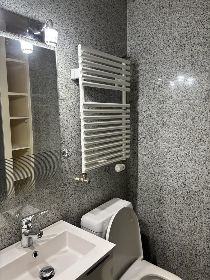 granite tiles, modern toilet, modern sink, towel heater, mirror with lighting, wall-mounted light
