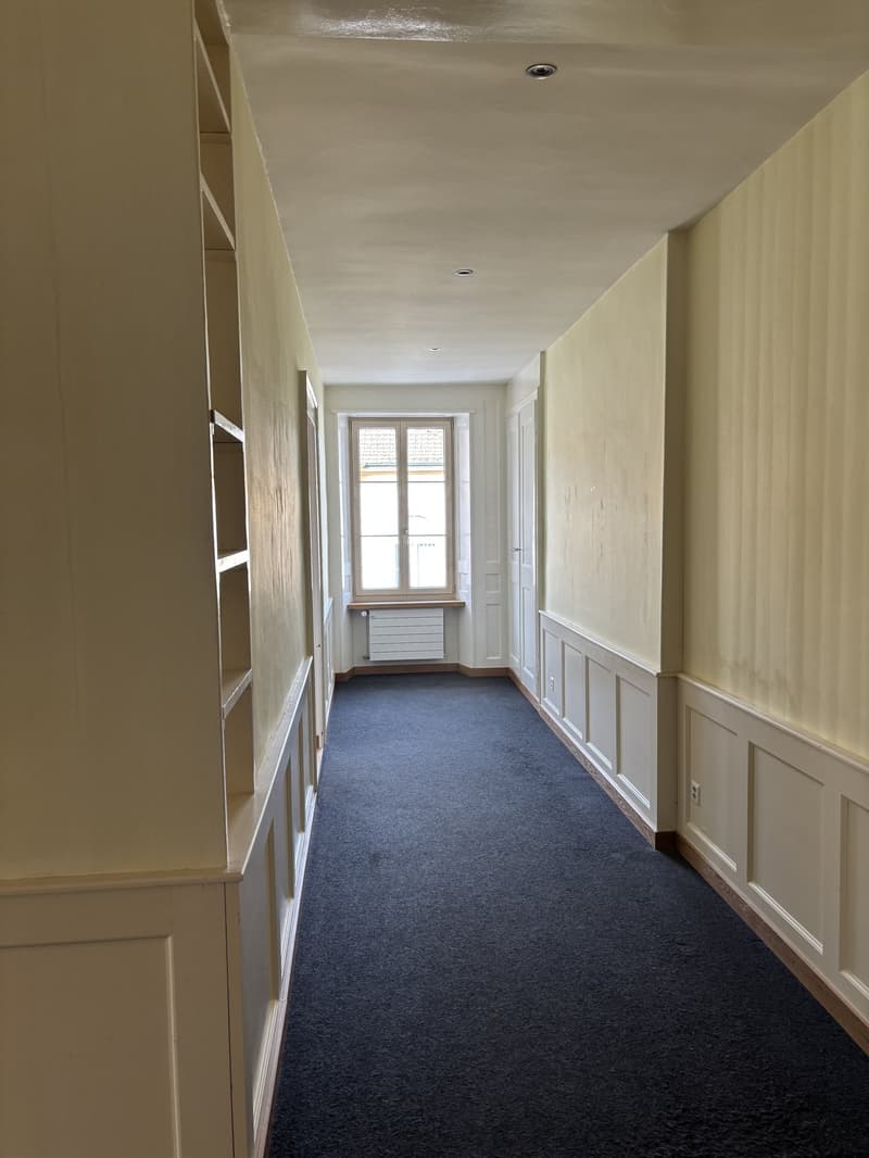 white walls, blue carpet, white shelves, window with grill, radiator