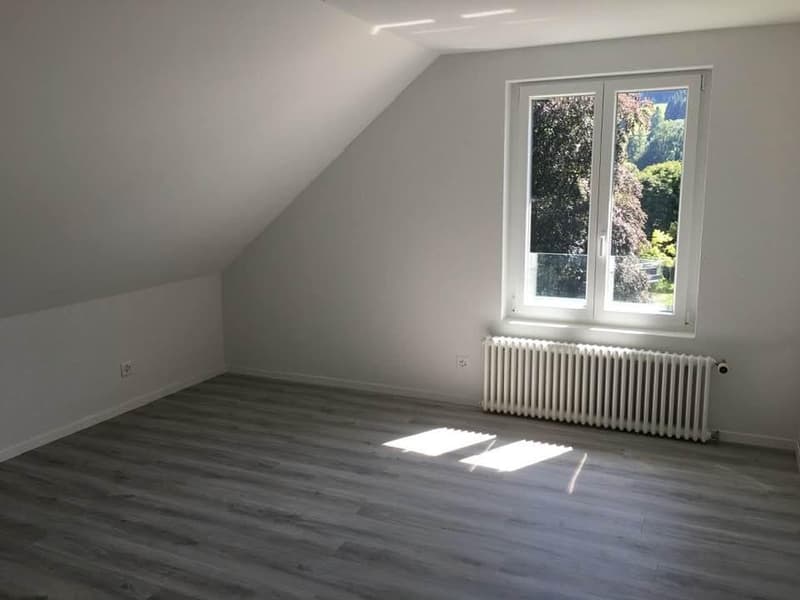 empty room with wooden floor, white walls, a window with glass and view to the outside