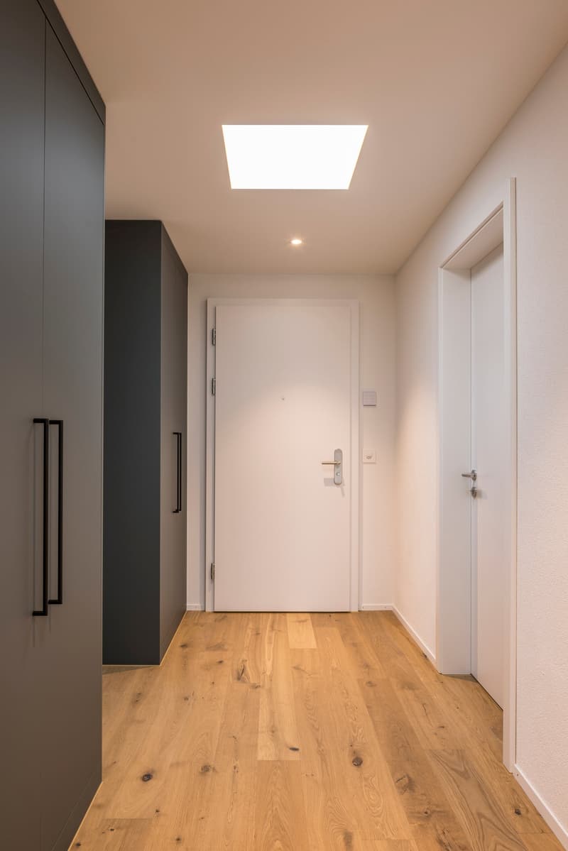 wooden floor, white walls, white doors, square skylight, modern design