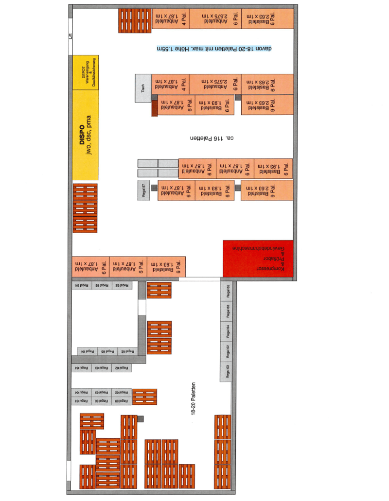 Warehouse with various sections, designated areas, and storage racks.