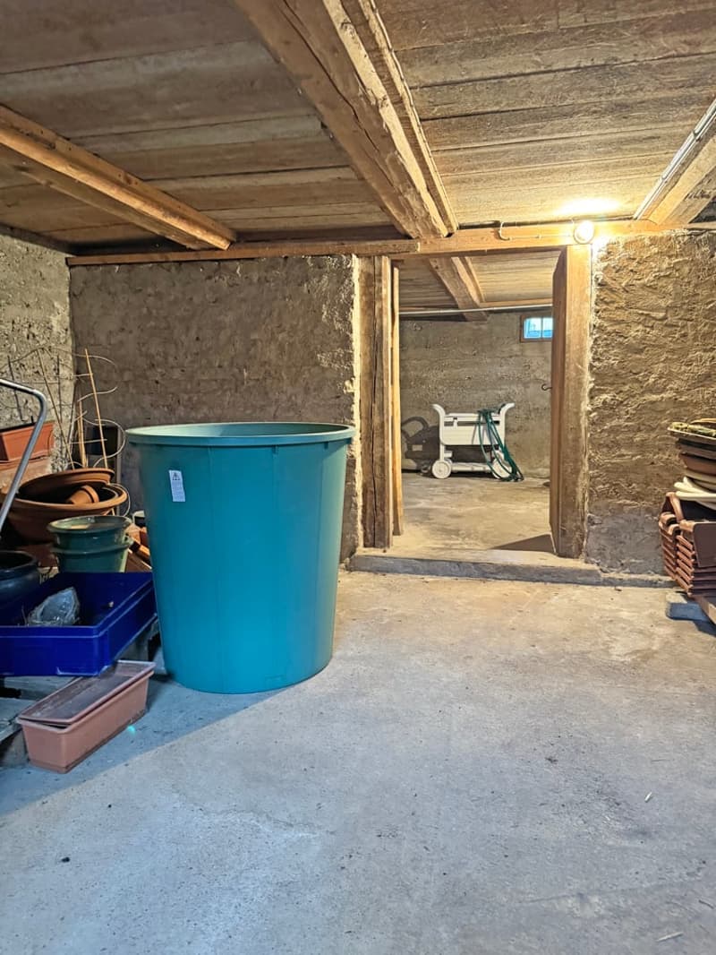 Basement room with wooden ceiling, concrete floor, storage boxes, and a large blue barrel.