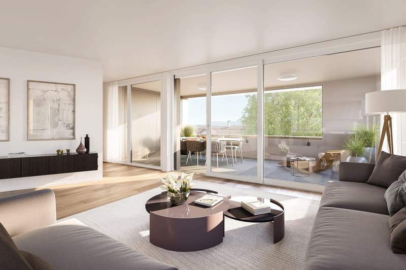 Spacious living room with large windows and sliding glass doors leading to a balcony or terrace, hardwood floors, modern furniture including a sofa, coffee table, and entertainment unit, and decorative accents like plants and artwork.