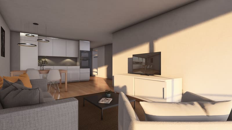 Modern and minimalist design, grey couch, black coffee table, central pendant lights, beige walls, TV, potted plants, wooden floor, kitchen area, white cabinets, oven, sink, and faucet, dining table, and chairs.
