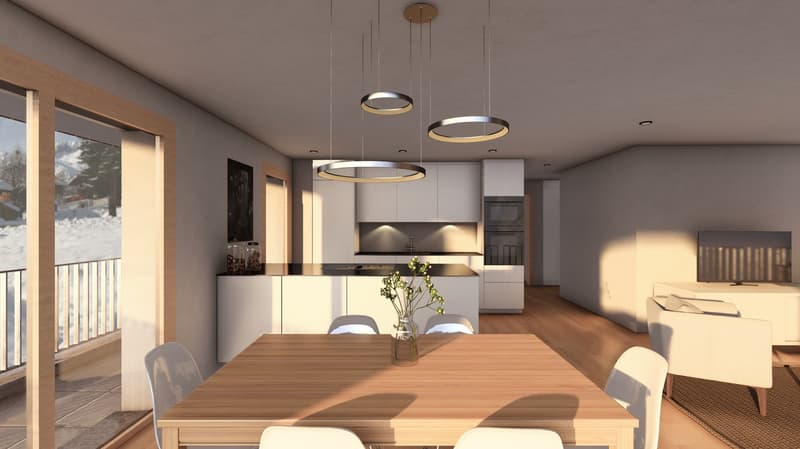 Modern kitchen, large window, balcony, wooden dining table, 4 chairs, potted plant, chandelier lights, white walls, wooden flooring, artwork on wall, TV on stand