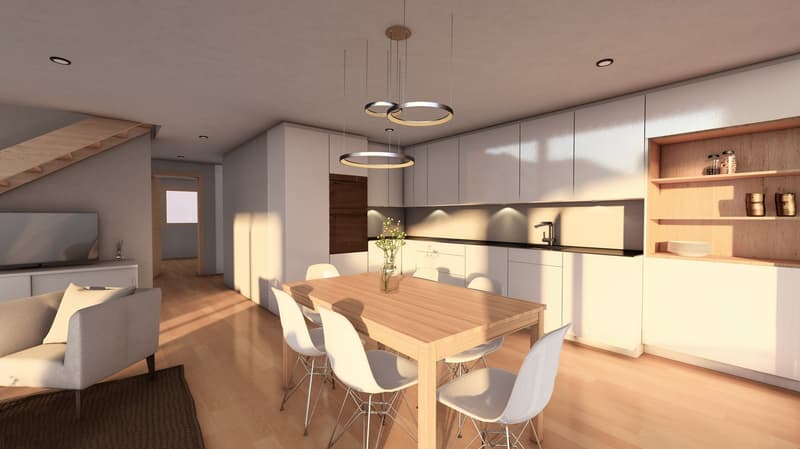 Dining room with wooden table, white chairs, white cabinets, shelves, and a wooden floor.