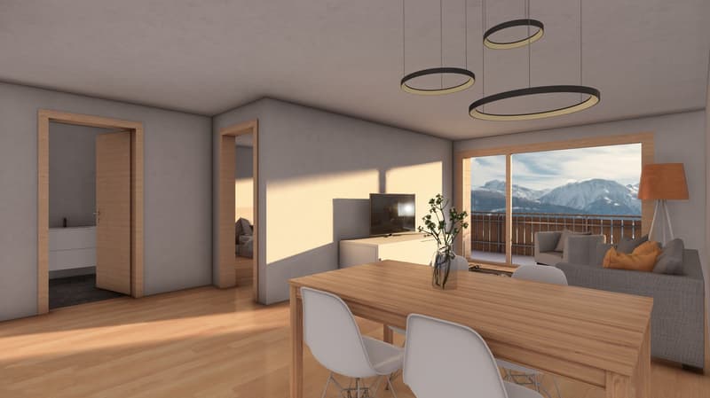 wooden floor, light gray walls, dining table with four chairs, round ceiling lamps, window with balcony, TV on the wall, couch with pillows