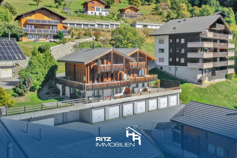 Two story wooden chalet, green roof, solar panels, balconies, several garages, view of the hills, large garden