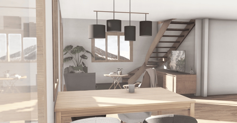 dining room, wooden table, chairs, couch, stairs, window