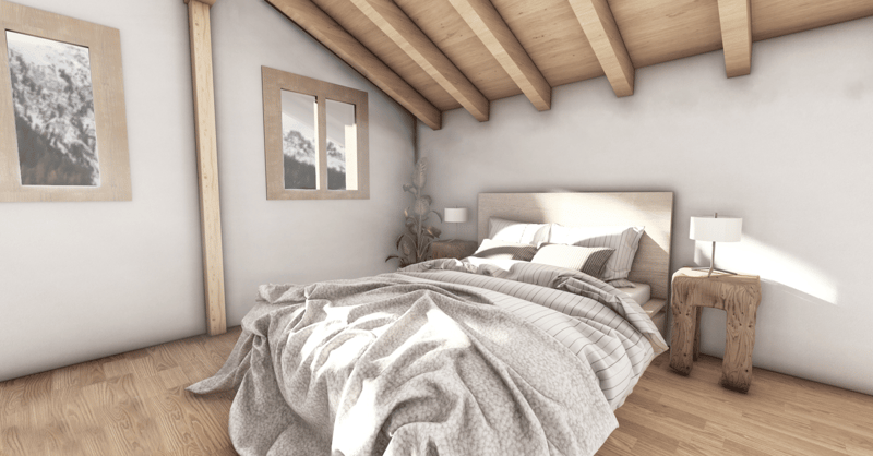 bedroom with wooden ceiling, wooden floor, bed, night stands with lamps, white walls