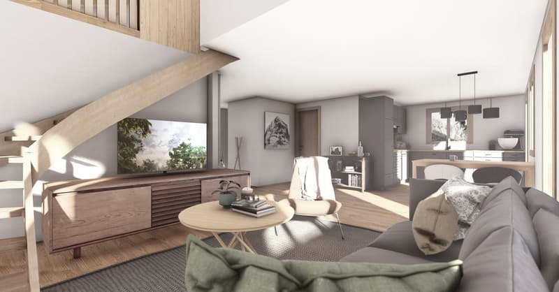 living room with a staircase, round table, couch, TV, wooden flooring, open plan kitchen