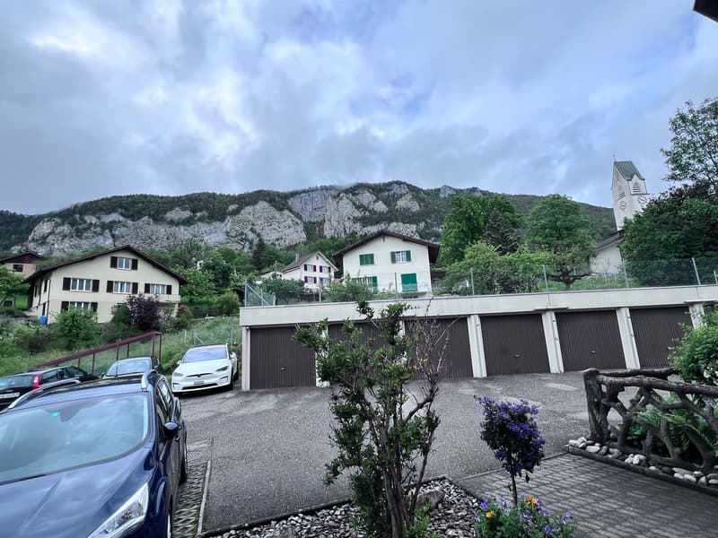 The image shows a residential area with several houses and apartment buildings nestled in a mountainous landscape. There are garages and parking spaces visible, as well as some landscaping elements like trees and flowers. The buildings appear to be in a t