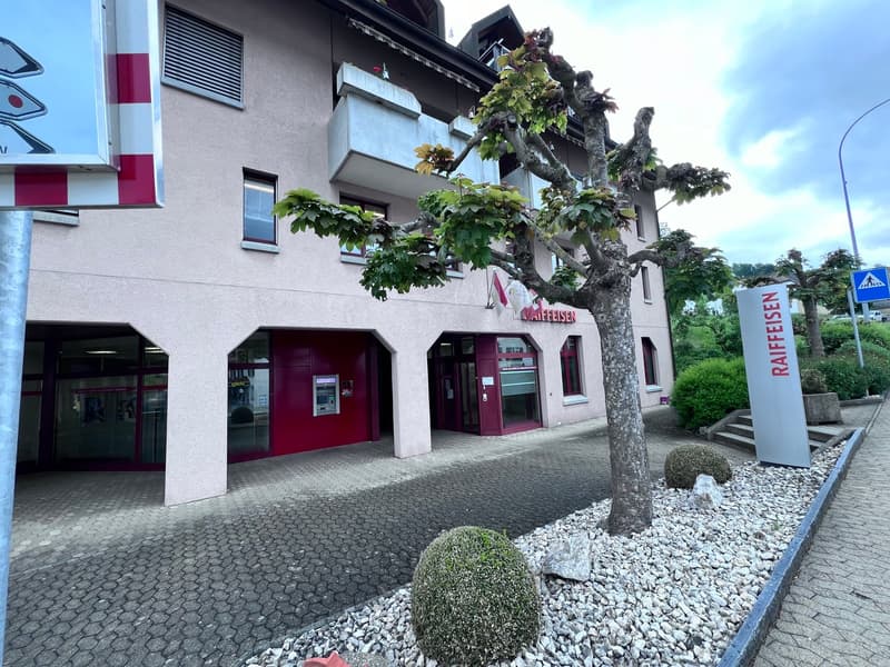 A multi-story commercial building with a red and white color scheme, featuring a tree growing out of the front facade. The building has several entrances and windows, and is surrounded by a paved area with gravel and small landscaping elements.