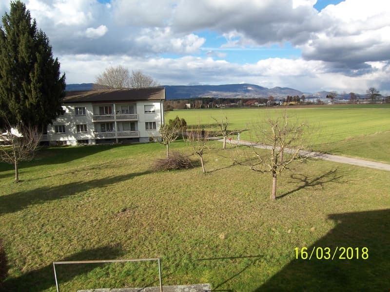 A white building with multiple windows and balconies, surrounded by a large green field and trees, with a mountain range in the background.