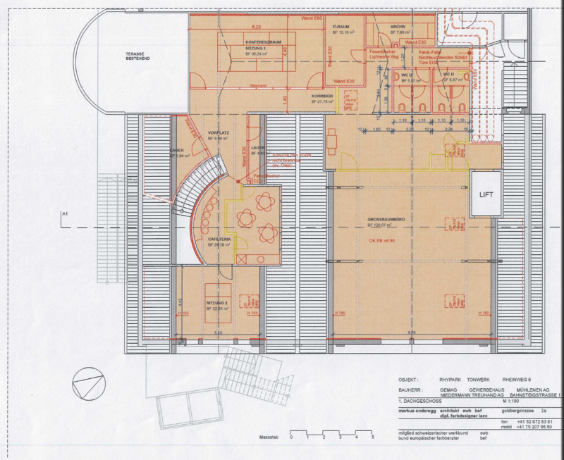 The image shows the floor plan of a building. It includes a conference room, an archive room, a corridor, a lobby, a cafeteria, and several other rooms. The building also has a terrace and a parking area.