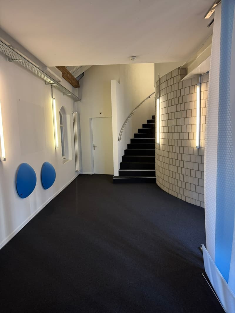 The image shows a hallway with a staircase leading up. The walls are white with a tiled pattern, and the floor is covered in a dark carpet. There are some blue circular objects on the wall, possibly decorative elements. The hallway appears to be part of a