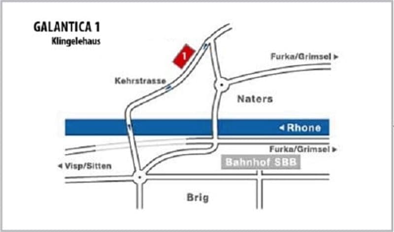 The image shows a floor plan or map of an area called Galantica 1, with various landmarks and locations labeled, including Kehrastrasse, Furka/Grimsel, Naters, Rhone, Furka/Grimsel, Bahnhof SBB, and Brig.