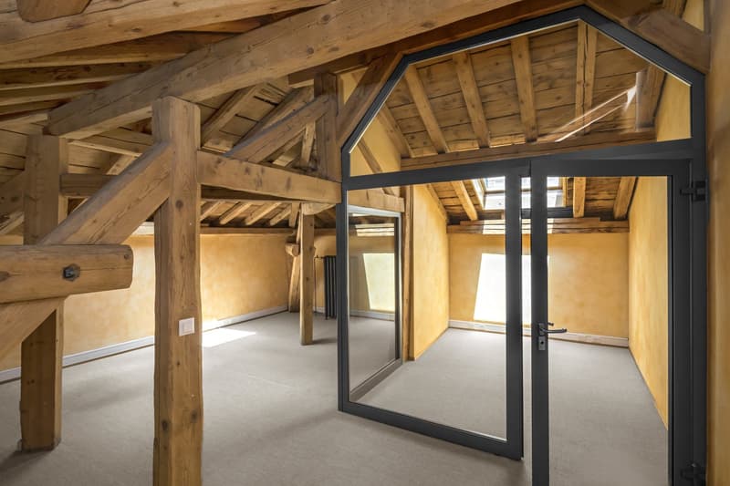 Wooden beams, yellow walls, carpet, glass doors, glass windows