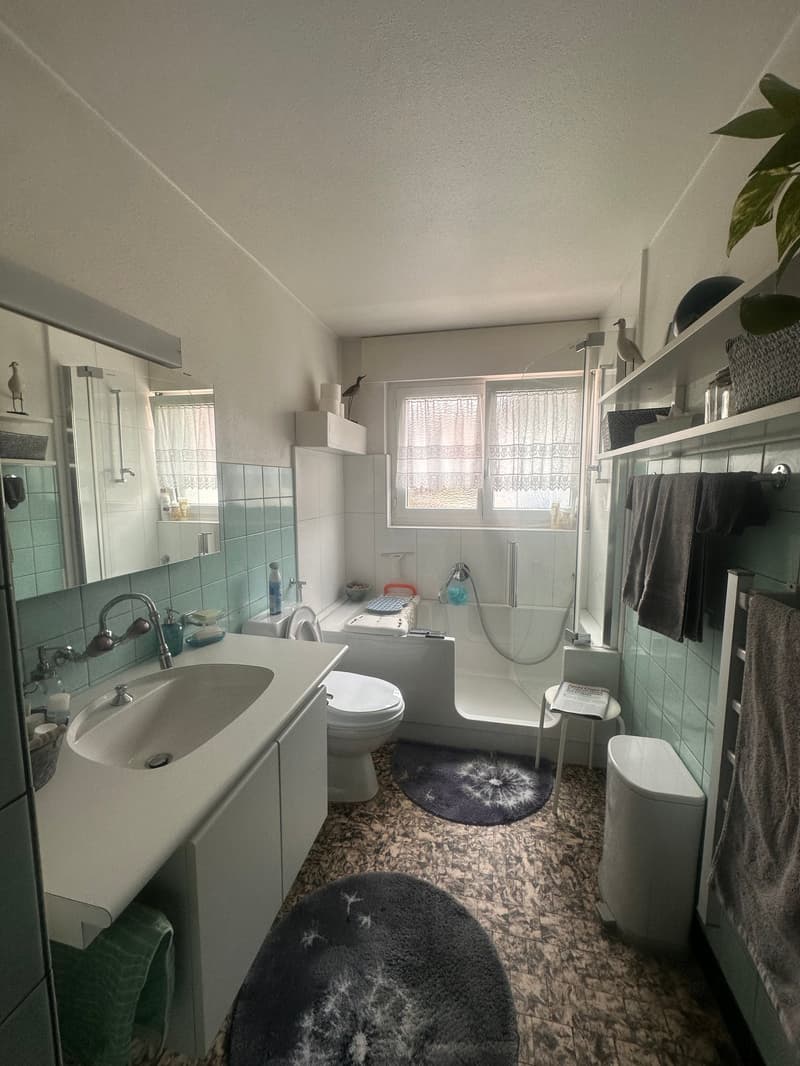Bathroom with bathtub, toilet, sink, mirror, shelves, towels, and a plant