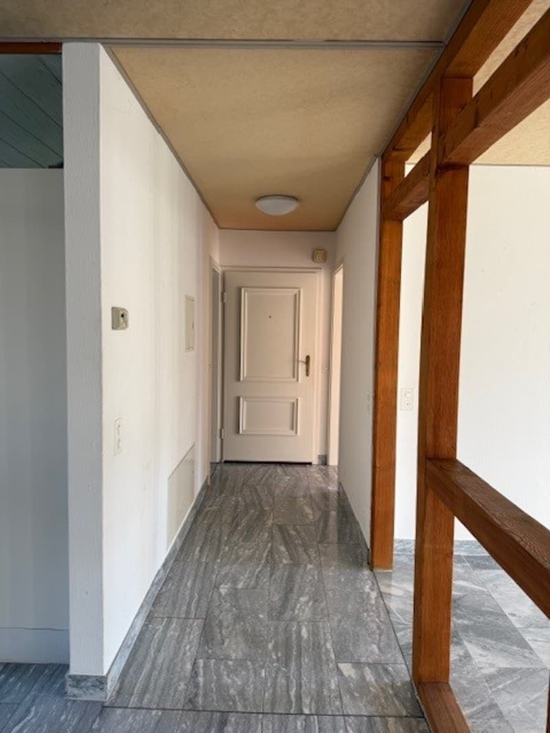 Empty hallway with white walls, gray tiles, wooden door, and a ceiling light