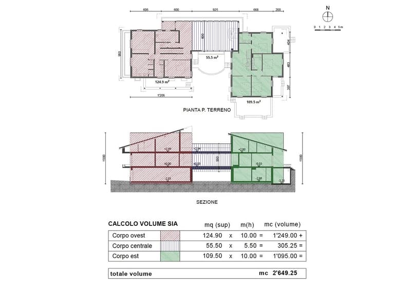 Ground floor plan and cross section of a house