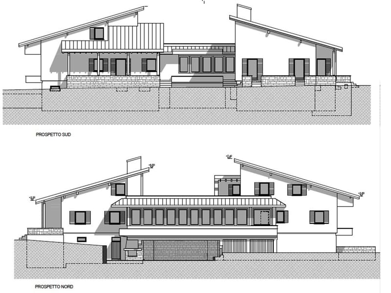 showcase two perspectives of the building: north and south, feature large roof, brick basement, multiple windows and doors, balcony