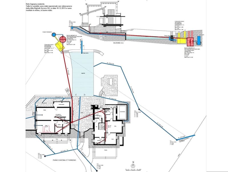 Floor plan with ground level, first level, underground level, swimming pool, garden, garage, different sections, and measurements indicated.