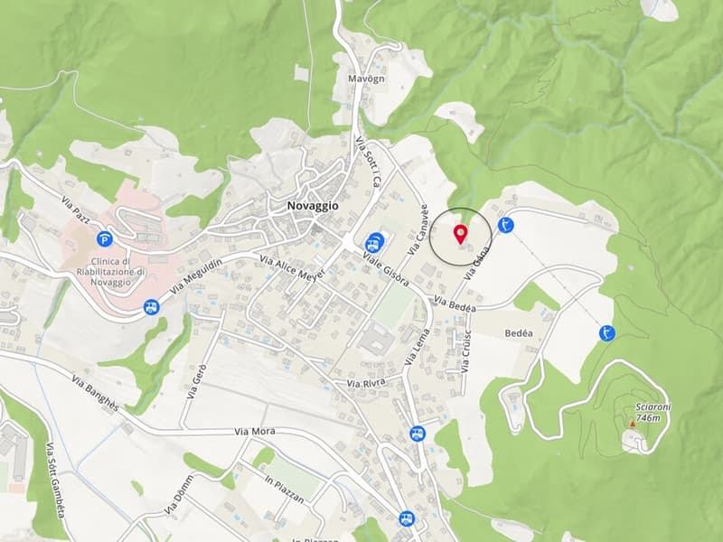 Map showing a residential area with various streets, including Via Morra, Via Sofia Gambeta, and Via Megetidin, as well as the nearby hospital and clinic in Novaggio.