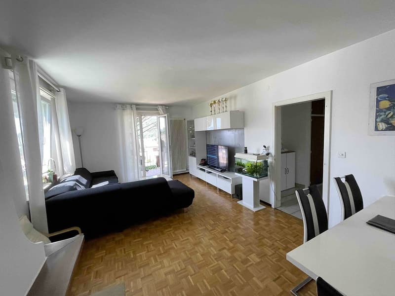 Living room with wooden floor, white walls, glass door leading to balcony, black sofa, TV, fish tank, white shelves, radiator