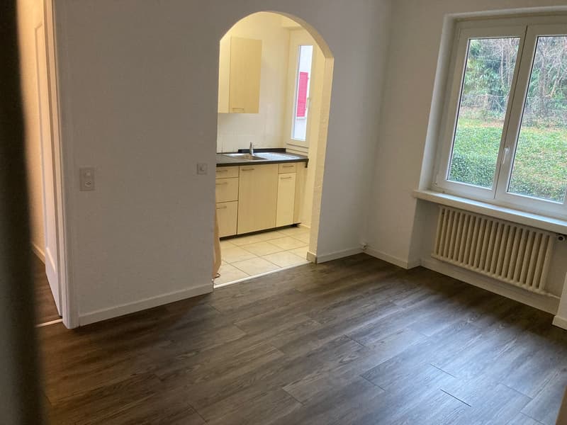 empty room, modern look, white wall, wooden floor, small kitchen, window