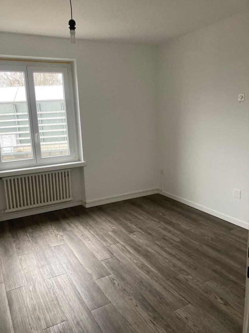 empty room, hardwood floors, white walls, large window, radiator