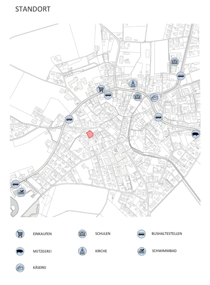 Urban area, shopping, schools, bus stops, church, swimming pool, slaughterhouse, cheese factory, map of the location