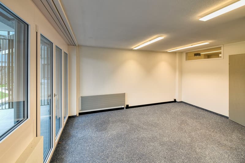 Empty room, glass doors, double doors, radiator, glass windows, white walls, gray floor, balcony, white ceiling, lights.