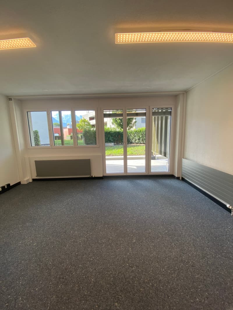 Empty room, grey carpeted floor, sliding glass doors, large windows, white walls, ceiling lights, heating radiators