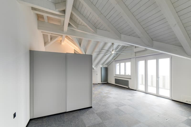Empty attic room with wooden ceiling, grey carpet, ceiling fan, sliding glass doors, white walls, large windows, wall panels