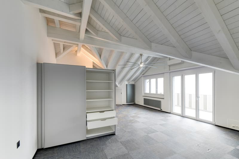 empty room with ceiling fan, storage cabinet, sliding doors with balcony, radiator