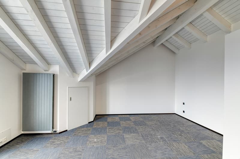 empty attic room with high ceilings, white walls, checkered floor